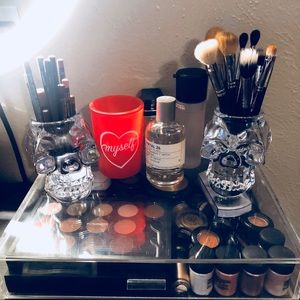 Set of glass skull makeup brush / candle holder